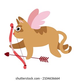 Cat cupid with bow and arrow. Funny character in flat style