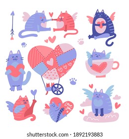 Cat cupid cartoon characters set. Valentine's Day flatvector illustration. Funny cat angels with wings, love hearts. Romantic 14 february flying characters isolated on white background