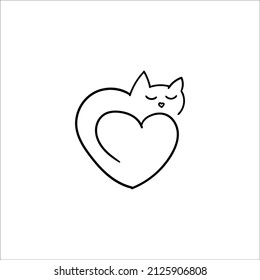 Cat curled up heart  vector illustration  line  sticker 
