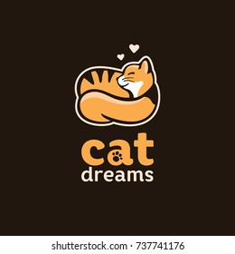 the cat curled into a ball and sleeps, a logo with a pet