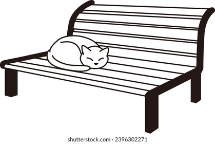 A cat curled up and sleeping on a bench. Monochrome line drawing.