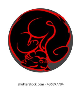 Cat curled up, abstract vector illustration on white background. The silhouette of a sleeping cat