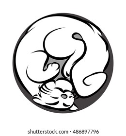 Cat curled up, abstract vector illustration on white background.
