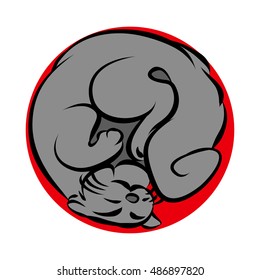 Cat curled up, abstract vector illustration on white background.