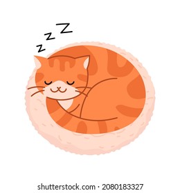 The cat curls up in a circle and takes a nap. Cute yellow cat illustration.