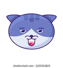 Cat cute animal boring expression emoji vector. Domestic kitty face with open mouth and half-close eyes. Disdain, duh, huh and tired emotion. Pet contempt emoticon flat cartoon illustration