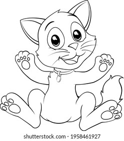 A cat cute cartoon kitten animal in black and white outline like a kids coloring book page