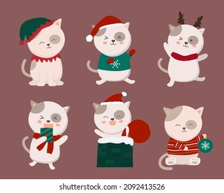 Cat cute cartoon vector kawaii funny character in christmas theme. Design element for invitation card, party, New Year's, Christmas, birthday, T-shirt, greeting card, poster, print and publication