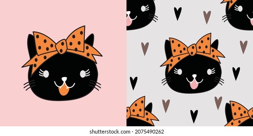 Cat cute cartoons pattern. The black cat decorates the head with a bow on sweet color background. The seamless cute pattern in a girl, baby fashion isolated cat doodle. Vector design for fashion.