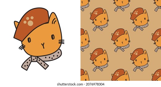 Patrón de dibujos animados lindos para el gato. personaje de gato con sombrero y bufanda de fondo marrón. El lindo patrón sin costura en una chica, la moda de bebé aisló el doodle de gato. Diseño de vectores para moda, fondo.