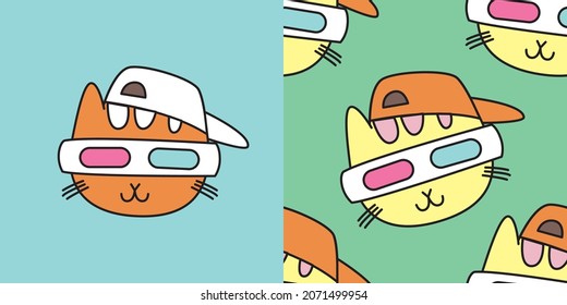 Katzenniedliches Cartoons-Muster. Cat-Hip-Hop-Stil auf buntem Hintergrund. Das nahtlose süße Muster in einem Mädchen, Jungen, Baby Fashion Cat Doodle. Vektordesign für Mode, T-Shirt, Karte, Papier, Hintergrund