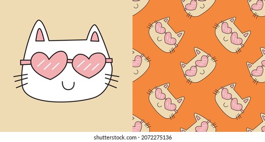 Cat cute cartoons pattern. cat wearing heart shaped glasses on white, orange background. The seamless cute pattern and one character for Tshirt vector design for fashion, wallpaper, wrapping paper.