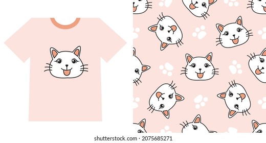 Cat cute cartoons pattern. White cat on pink background. The seamless cute pattern and one character for T-shirt vector design for fashion, wrapping paper, background, wallpaper.