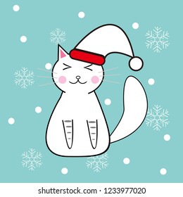cat cute christmas with snowflake vector illustration