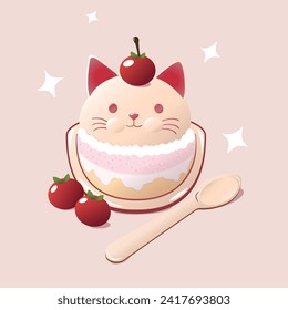 Un postre lindo. Gato con cereza. Postre de gato rosado. Ilustración vectorial de material.