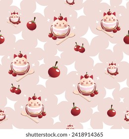 Cat cute dessert. Cat with cherry. Stock vector pattern illustration.