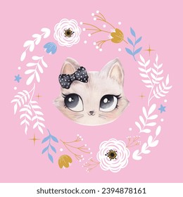 Cat cute face kids room decor poster logo t-shirt design print nursery eyes little sweet art decor wall design abstract inspiration sketch baby shower pet animal kitten girl bow portrait wreath child