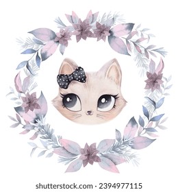 Cat cute face kids room decor poster logo t-shirt design print nursery eyes little sweet art decor wall design abstract inspiration sketch baby shower pet animal kitten girl bow portrait wreath child