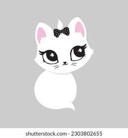 Cat cute face kids white decor poster logo kids room decor t-shirt design print nursery eyes little sweet art room decor wall design abstract inspiration sketch baby shower pet animal kitten girl bow 