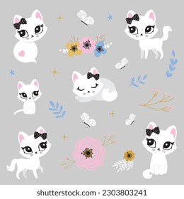 Cat cute face kids white decor poster logo kids room decor t-shirt design print nursery eyes little sweet art room decor wall design abstract inspiration sketch baby shower pet animal kitten girl bow 