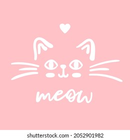 Cat cute face meow vector doodle illustration isolated on pink background with lettering meow. Children baby nursery pastel poster