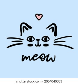 Cat cute face meow vector doodle illustration isolated on blue background with lettering meow. Children baby nursery pastel poster