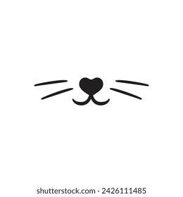 Gato cara linda nariz, bigote, boca. Doodle bigote de gato, icono aislado en blanco. Línea de dibujo a mano. Boceto animal logo. Ilustración vectorial de stock. Imagen del hocico del gato con bigotes largos