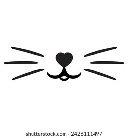 Cat cute face nose, mustache, mouth. Doodle cat mustache, icon isolated on white. Outline hand drawing art line. Sketch logo animal. Vector stock illustration. Image of cat muzzle with long whiskers