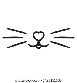 Gato cara linda nariz, bigote, boca. Doodle bigote de gato, icono aislado en blanco. Línea de dibujo a mano. Boceto animal logo. Ilustración vectorial de stock. Imagen del hocico del gato con bigotes largos