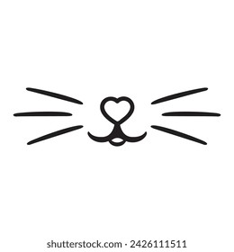 Cat cute face nose, mustache, mouth. Doodle cat mustache, icon isolated on white. Outline hand drawing art line. Sketch logo animal. Vector stock illustration. Image of cat muzzle with long whiskers