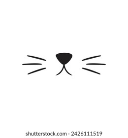 Cat cute face nose, mustache, mouth. Doodle cat mustache, icon isolated on white. Outline hand drawing art line. Sketch logo animal. Vector stock illustration. Image of cat muzzle with long whiskers