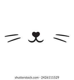 Cat cute face nose, mustache, mouth. Doodle cat mustache, icon isolated on white. Outline hand drawing art line. Sketch logo animal. Vector stock illustration. Image of cat muzzle with long whiskers