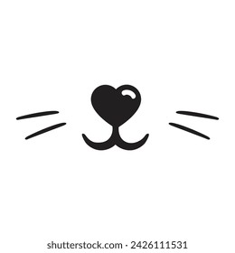 Cat cute face nose, mustache, mouth. Doodle cat mustache, icon isolated on white. Outline hand drawing art line. Sketch logo animal. Vector stock illustration. Image of cat muzzle with long whiskers