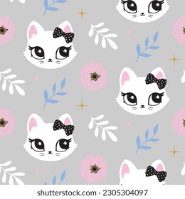 Cat cute face pattern seamless kids room decor t-shirt design print nursery eyes little sweet art wall design abstract inspiration sketch baby shower pet animal kitten girl bow grey childish 