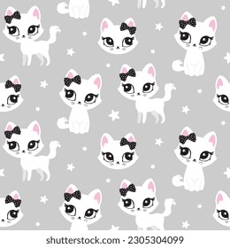 Cat cute face pattern seamless kids room decor t-shirt design print nursery eyes little sweet art wall design abstract inspiration sketch baby shower pet animal kitten girl bow grey childish 