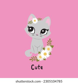 Cat cute face poster logo kids room decor t-shirt design print nursery eyes little sweet art wall design abstract inspiration sketch baby shower pet animal kitten girl bow 