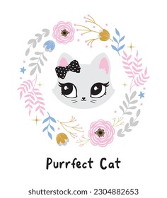 Cat cute face wreath flower bow portrait kids room decor poster logo kids room decor t-shirt design print nursery eyes little sweet art room decor wall design sketch baby shower pet animal kitten girl