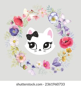 Cat cute face wreath poster logo kids room decor t-shirt design print nursery eyes little sweet art wall design abstract inspiration sketch baby shower pet animal kitten girl bow 