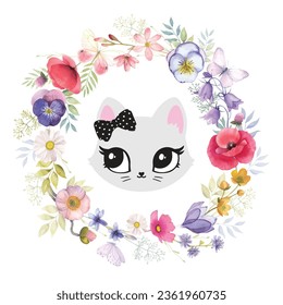 Cat cute Gesicht Wreath Plakat Kinderzimmer Dekor T-Shirt Design Kinderaugen kleine süße Kunst Design abstrakte Inspiration Skizze Baby Dusche Haustier Kätzchen Mädchen Bug 