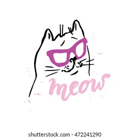 cat cute in glasses illustration/T-shirt Graphics/Hand drawn lettering Meow