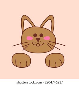 Cat cute. The head of a cute cat with a whiskers and his paws. Cartoon vector color illustration.