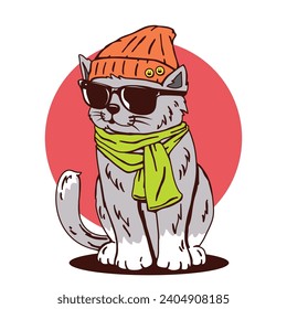 cat cute hipster beanie sweater animal pet shop logo vector