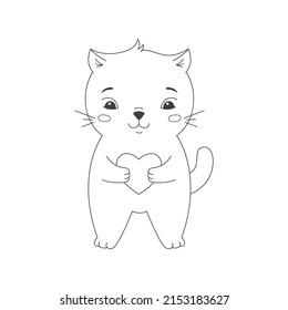 Cat cute holding a heart, vector illustration. Funny kitten in doodle style for print and design. Isolated element on white background. Valentine's Day greeting card, happy character pet