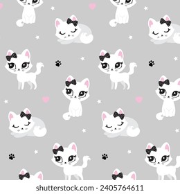 Cat cute pattern face kids room decor poster logo kids room decor t-shirt design print nursery eyes little sweet art room decor wall design inspiration sketch baby shower pet animal kitten girl bow 