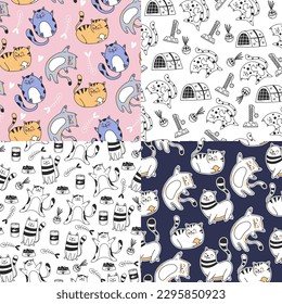 Cat cute pet doodle seamless pattern background set. Vector graphic design illustration