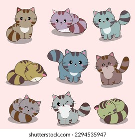 cat cute pet Smooth and clean tones, including a set of 9 images, 9 colors, drawings, cartoons, graphics, illustrations.
