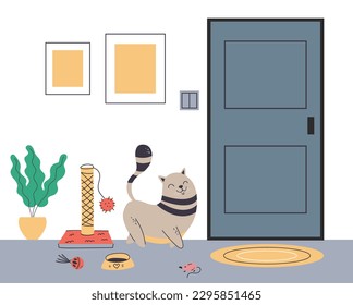 Cat cute pet waiting for owners near door home concept  Vector graphic design illustration
