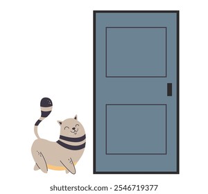 Cat cute pet waiting for owners near door home concept. Vector graphic design illustration	
