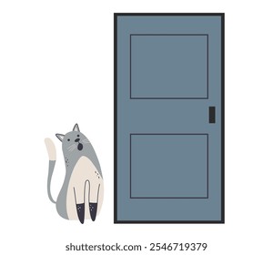 Cat cute pet waiting for owners near door home concept. Vector graphic design illustration	
