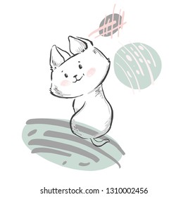 Cat cute print. Cool kitty sit illustration with abstract shapes for t-shirt print, kids apparel, nursery, child party invitation. Simple design. Hand drawn with marker stroke. Summer time